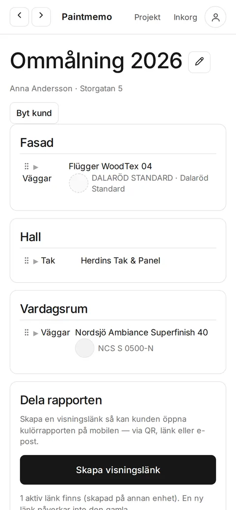 Projektvyn: dokumenterade rum med produkter och kulörer
