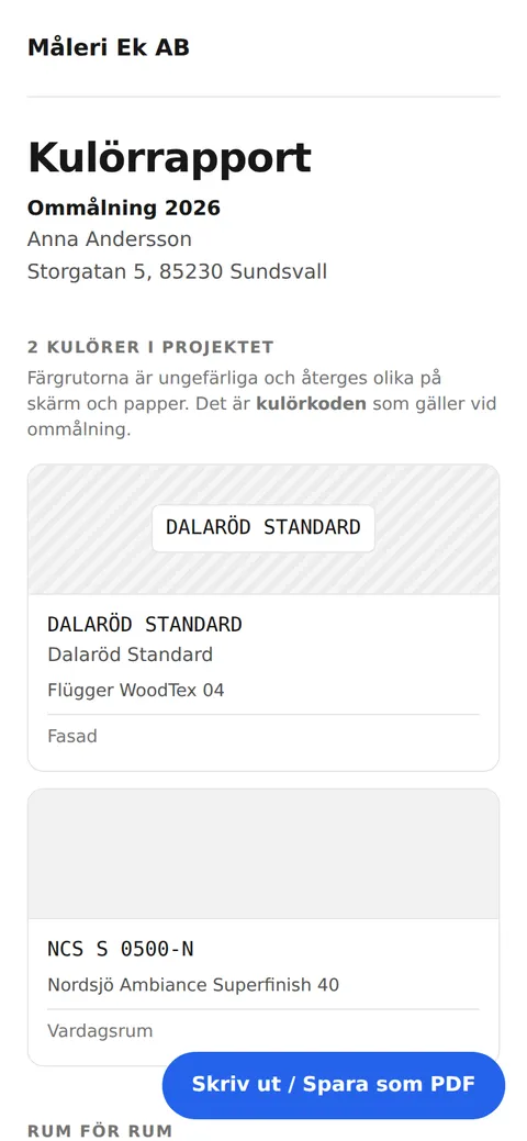 Kulörrapporten som kunden ser den